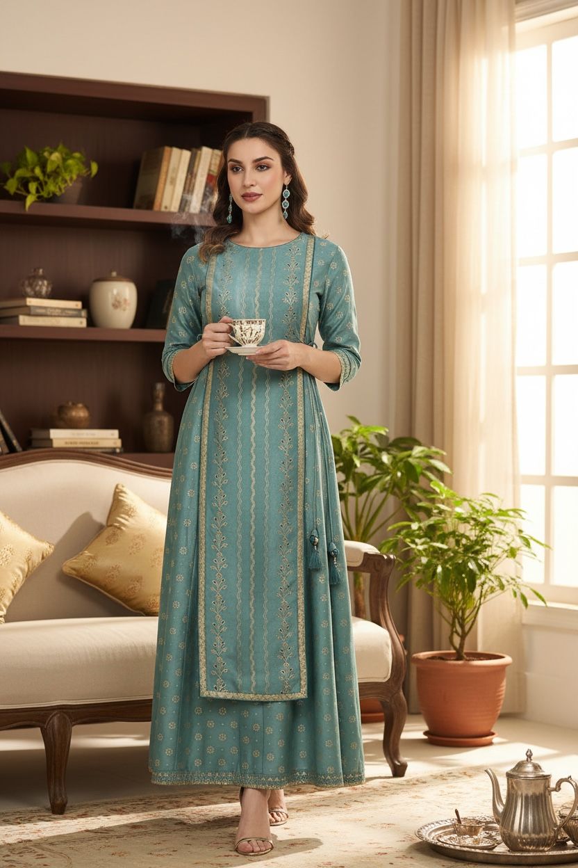 Women's Silk Blend Foil Printed Flared Ethnic Ankle Length Kurta Dress