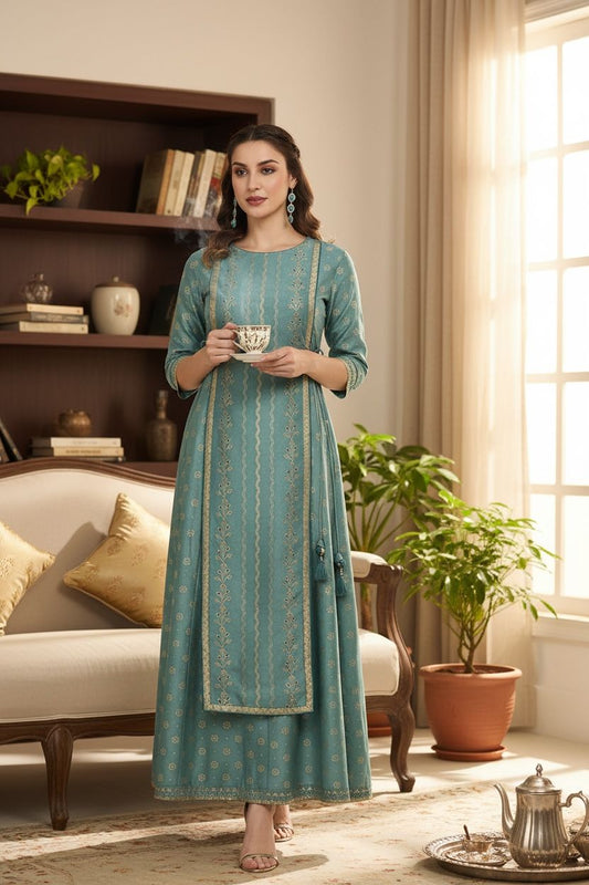 Women's Silk Blend Foil Printed Flared Ethnic Ankle Length Kurta Dress