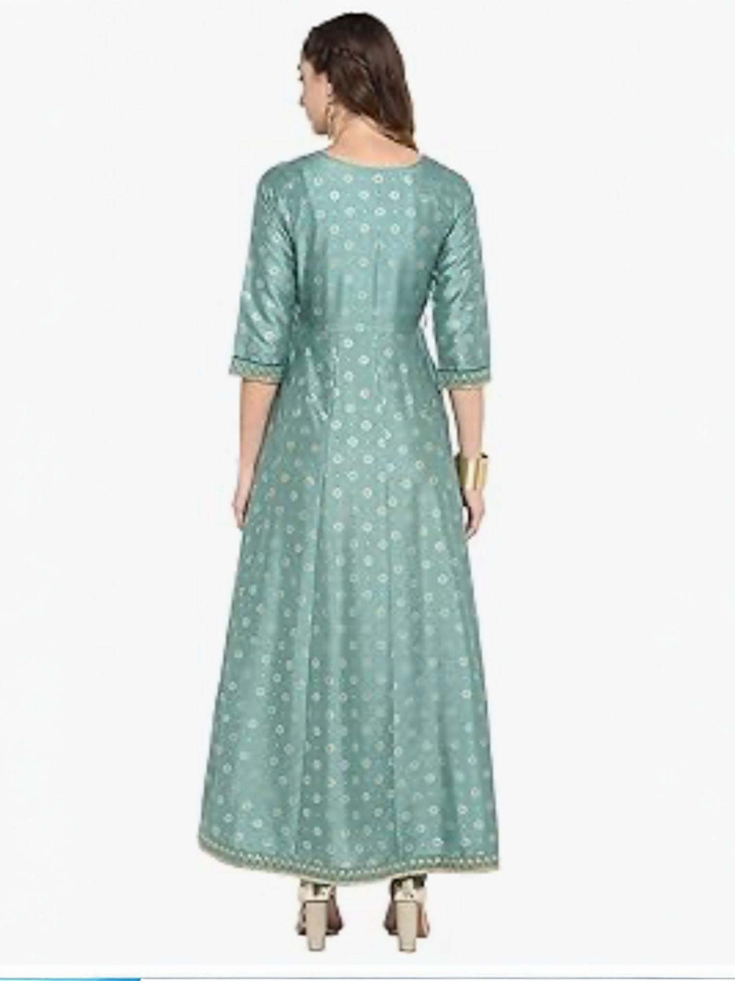 Women's Silk Blend Foil Printed Flared Ethnic Ankle Length Kurta Dress