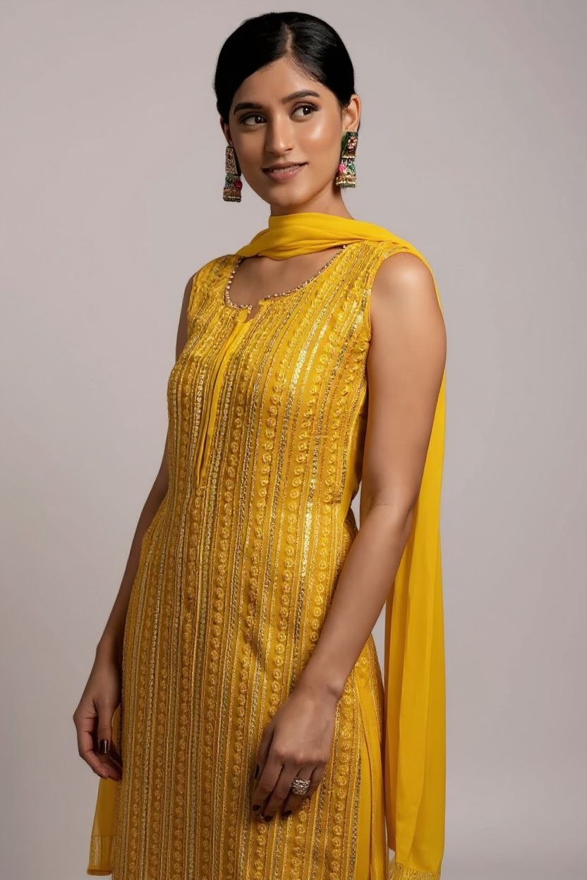 Bright Yellow Elegant Sleeveless Sequin Georgette Sharara Set