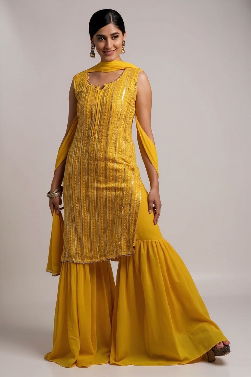 Bright Yellow Elegant Sleeveless Sequin Georgette Sharara Set