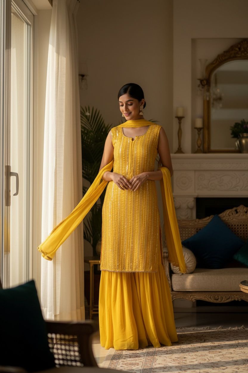 Bright Yellow Elegant Sleeveless Sequin Georgette Sharara Set