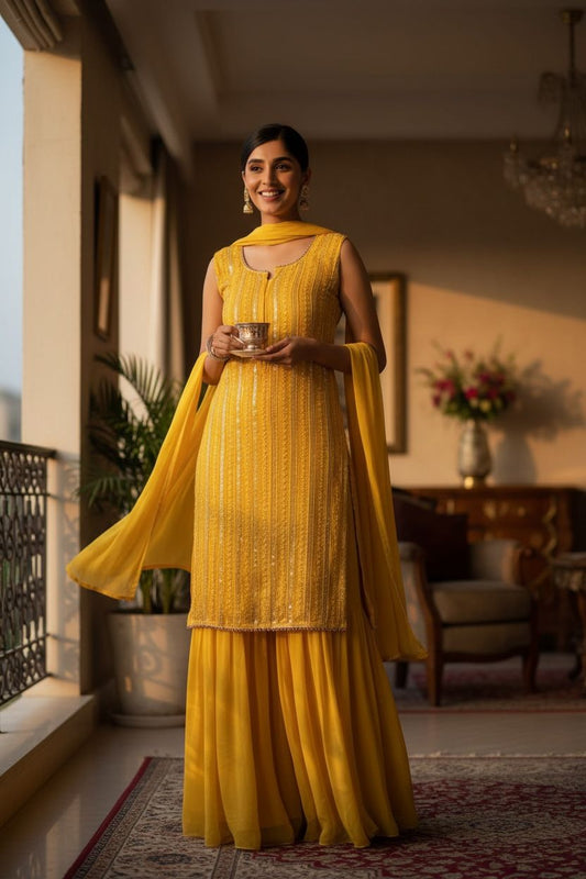 Bright Yellow Elegant Sleeveless Sequin Georgette Sharara Set
