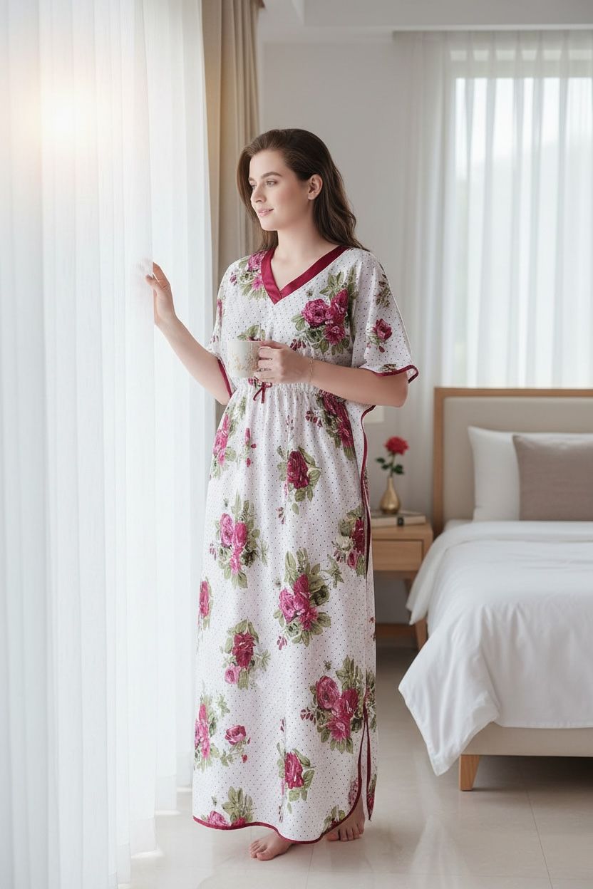 Floral Satin Maxi Kaftan – Soft, Elegant & Ultra Comfortable Night dress