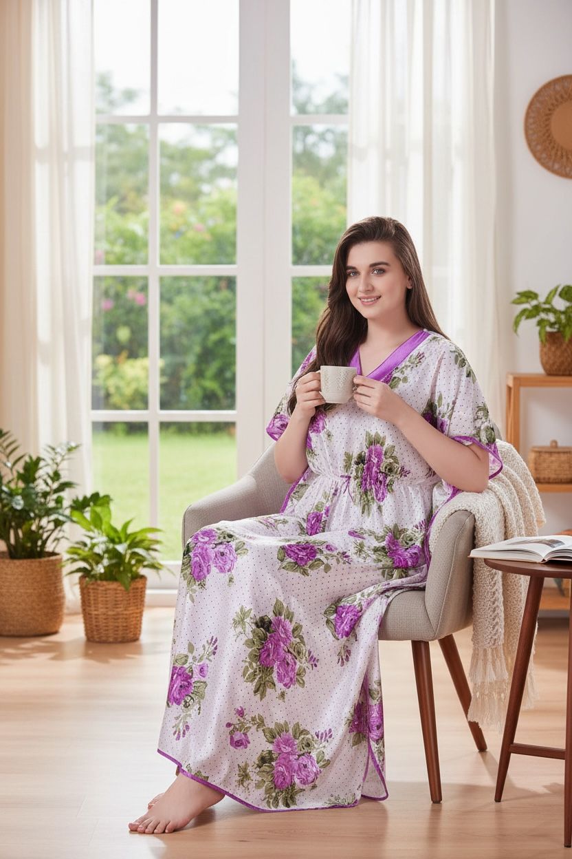 Floral Satin Maxi Kaftan – Soft, Elegant & Ultra Comfortable Night dress