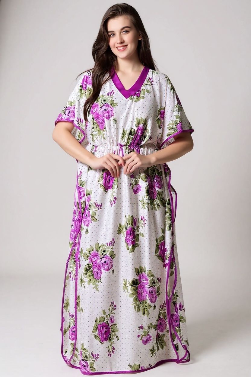 Floral Satin Maxi Kaftan – Soft, Elegant & Ultra Comfortable Night dress