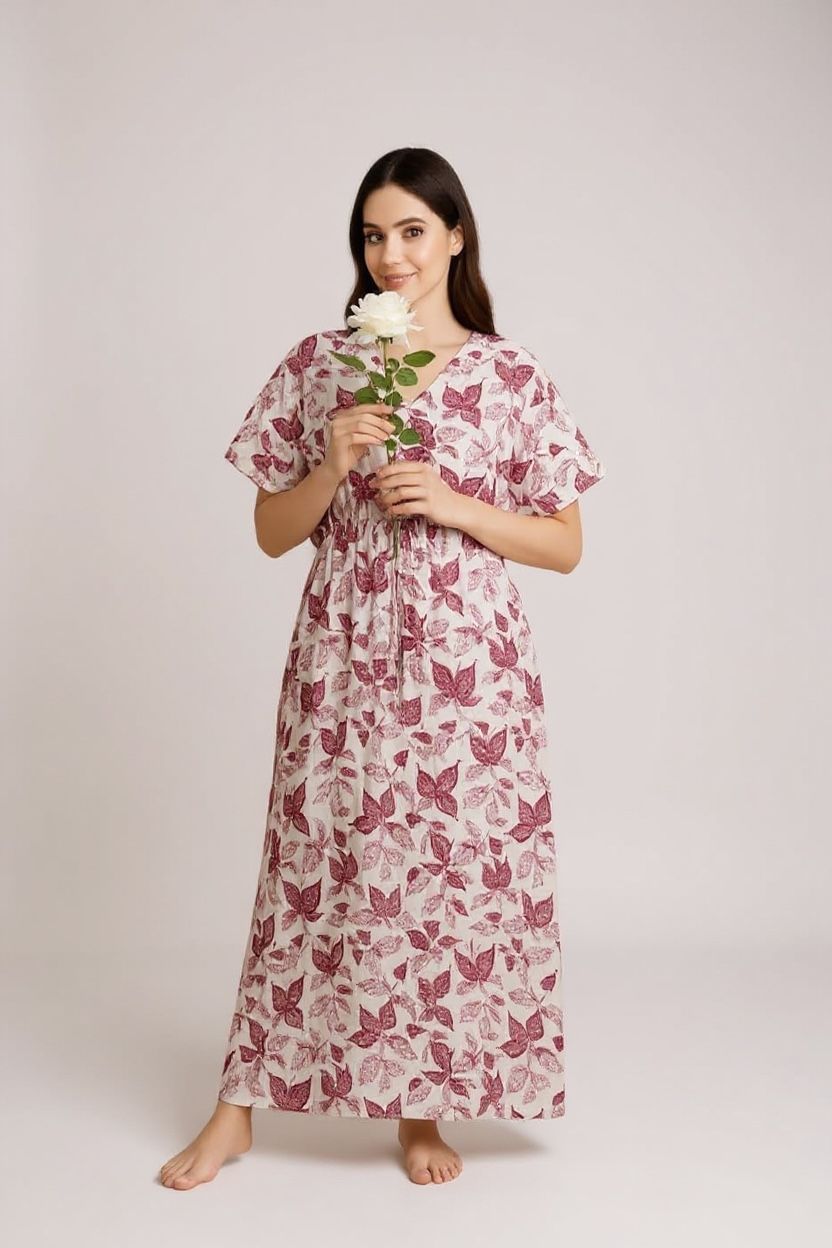 Full-Length Pure Cotton Kaftan Nighty – Free Size & Ultra Comfortable