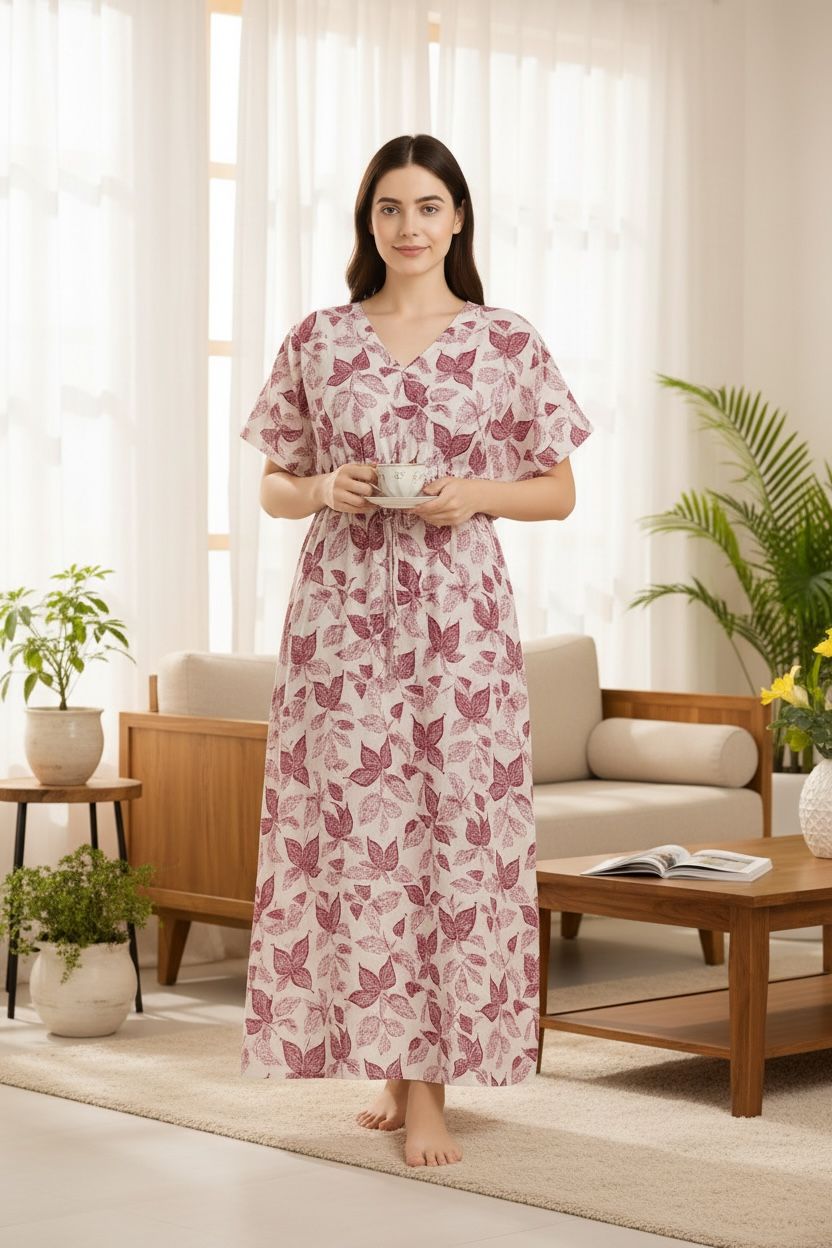 Full-Length Pure Cotton Kaftan Nighty – Free Size & Ultra Comfortable