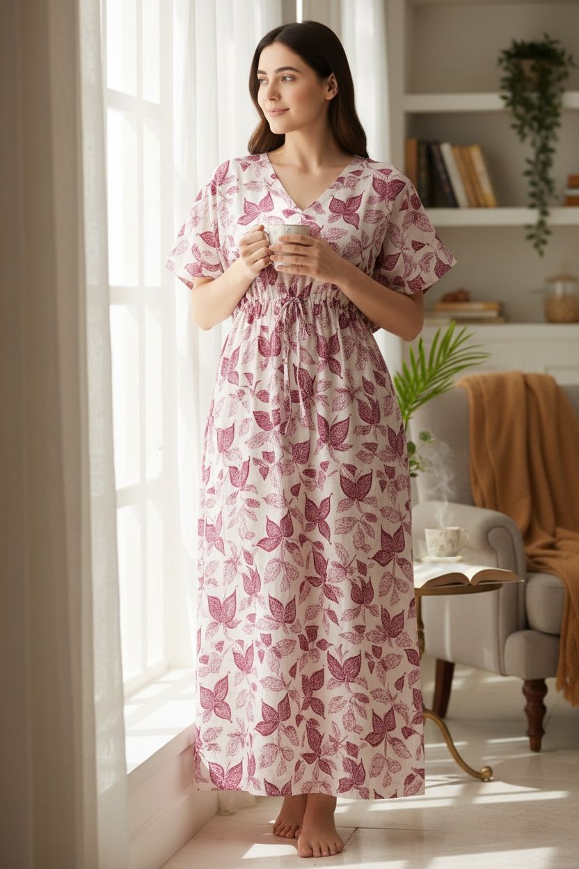 Full-Length Pure Cotton Kaftan Nighty – Free Size & Ultra Comfortable