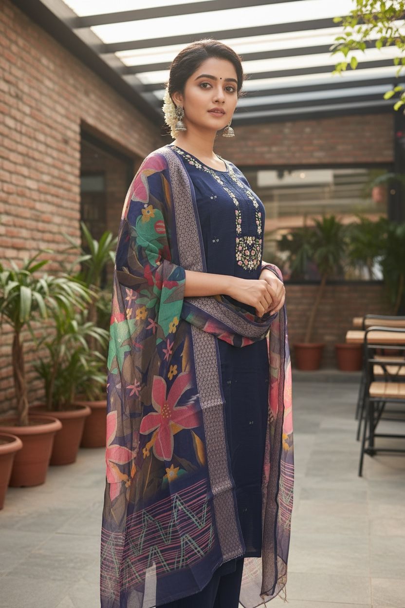 Midnight Bloom Vetican Salwar Set with Organza Dupatta
