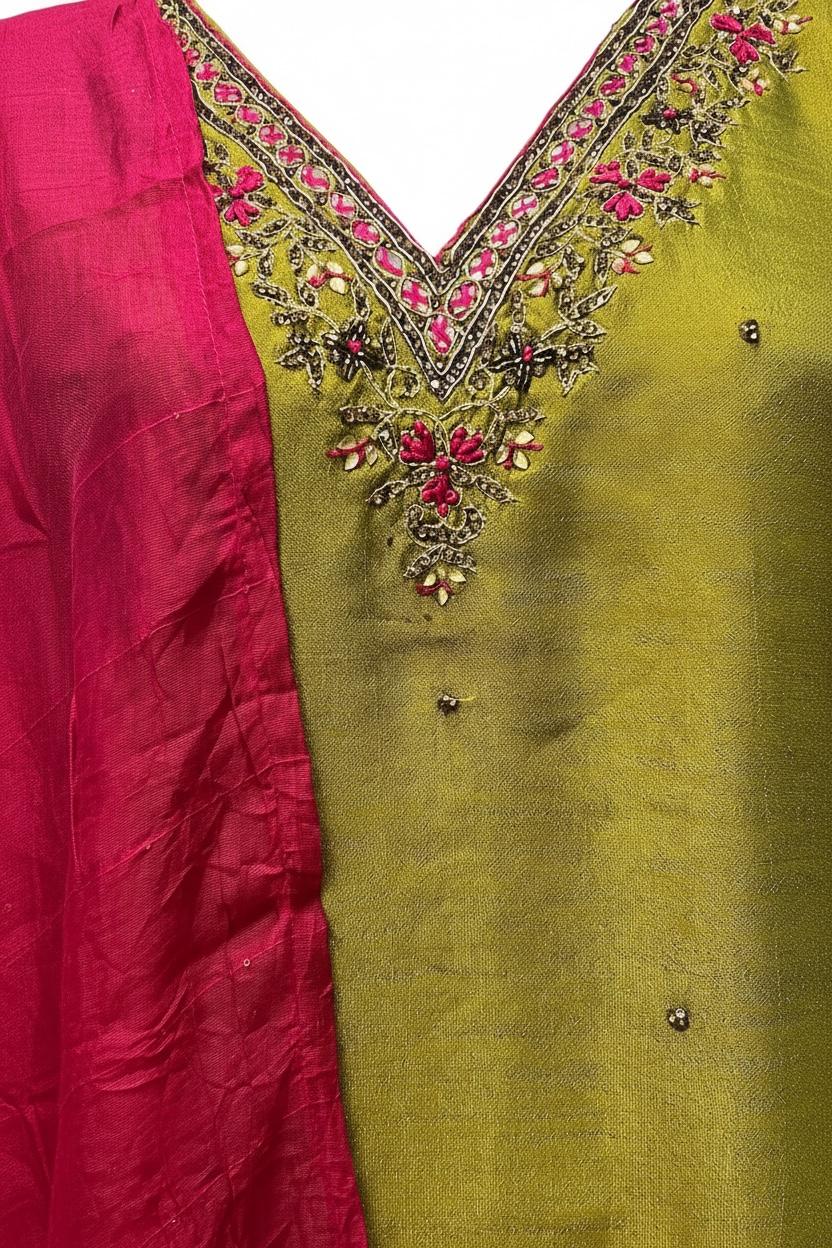 Olive Grace Soft Silk Salwar Set with Contrast Dupatta