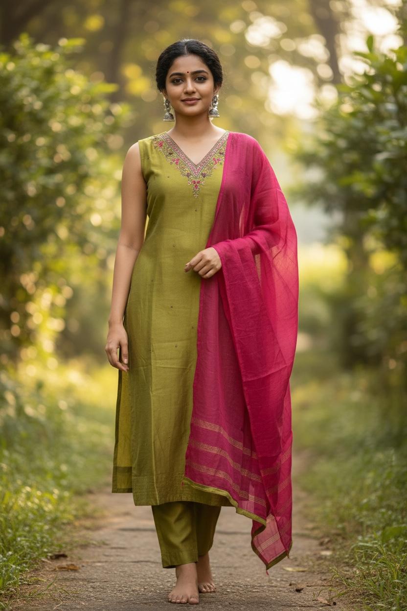 Olive Grace Soft Silk Salwar Set with Contrast Dupatta