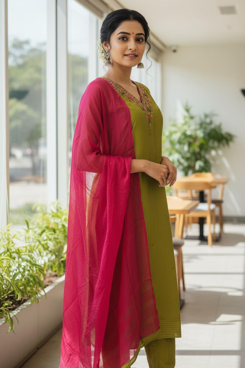 Olive Grace Soft Silk Salwar Set with Contrast Dupatta