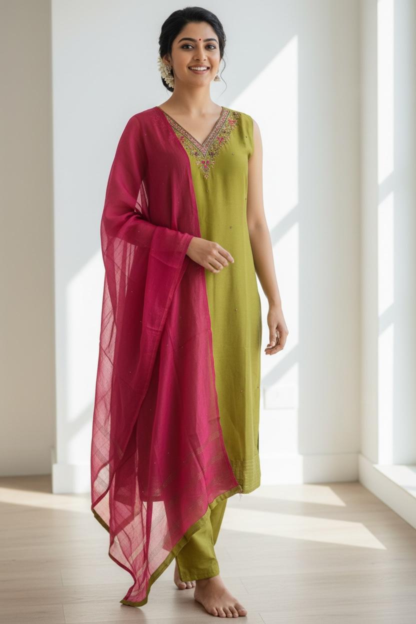 Olive Grace Soft Silk Salwar Set with Contrast Dupatta