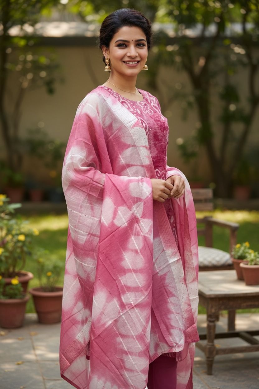 Elegant Roman Silk Kurti Set with Marble coloured Duppatta