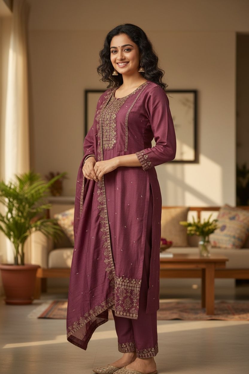 Elegant Vichitra Silk Kurti Set with Embroidered Dupatta