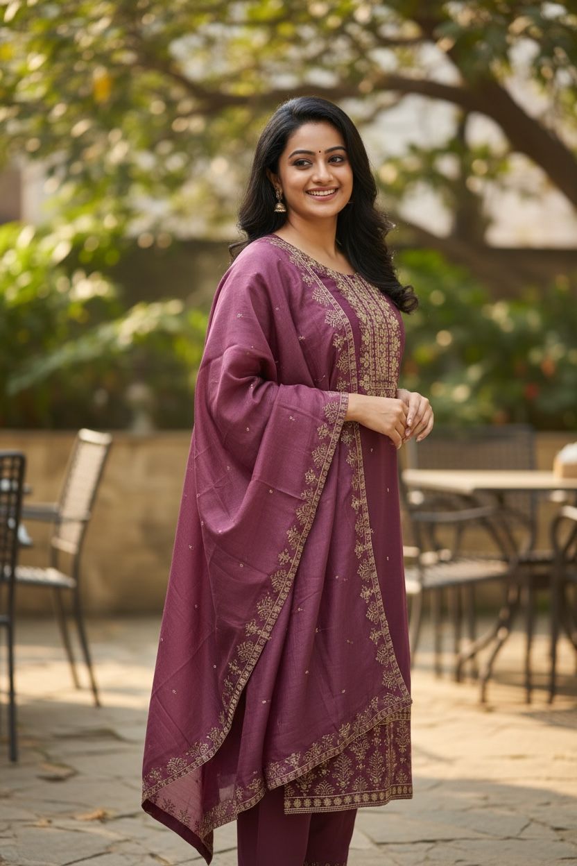 Elegant Vichitra Silk Kurti Set with Embroidered Dupatta