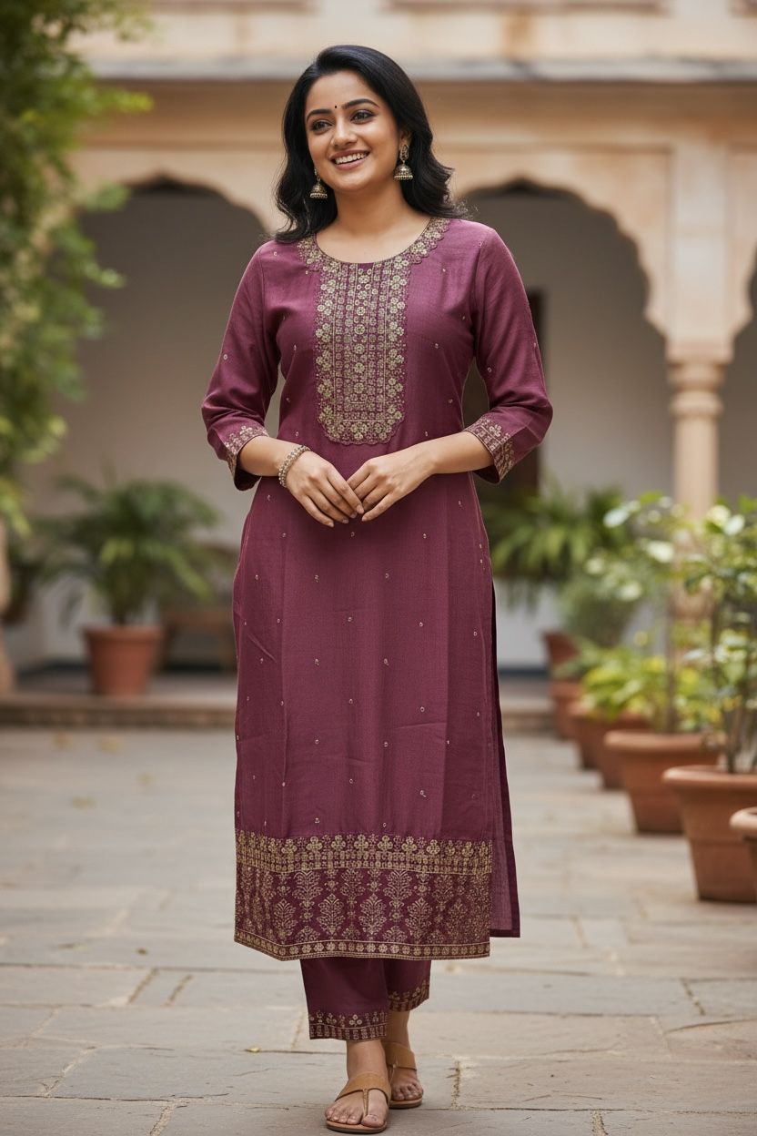 Elegant Vichitra Silk Kurti Set with Embroidered Dupatta