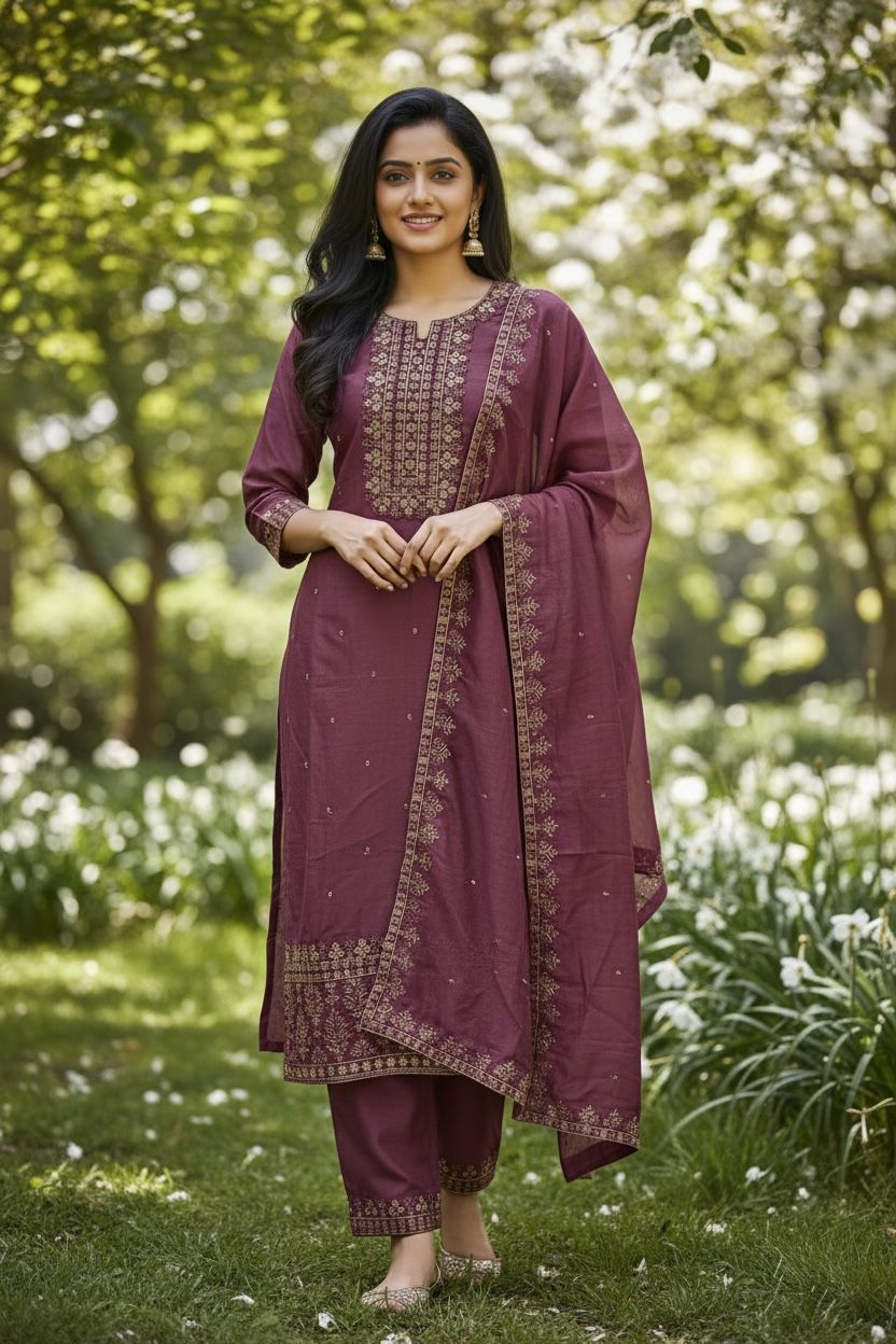 Elegant Vichitra Silk Kurti Set with Embroidered Dupatta