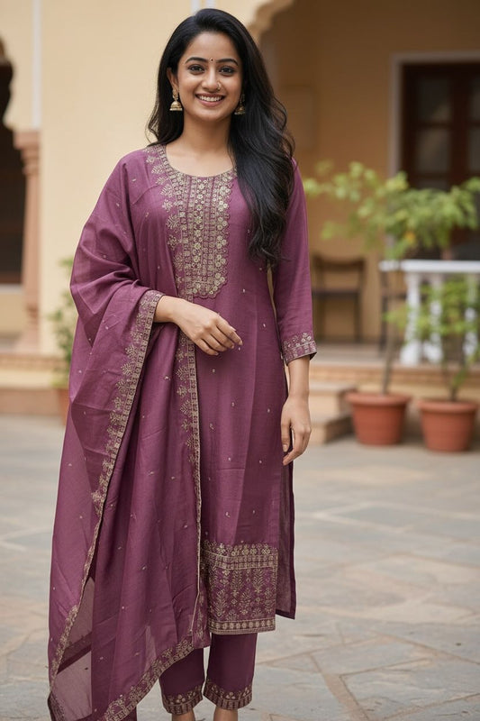 Elegant Vichitra Silk Kurti Set with Embroidered Dupatta