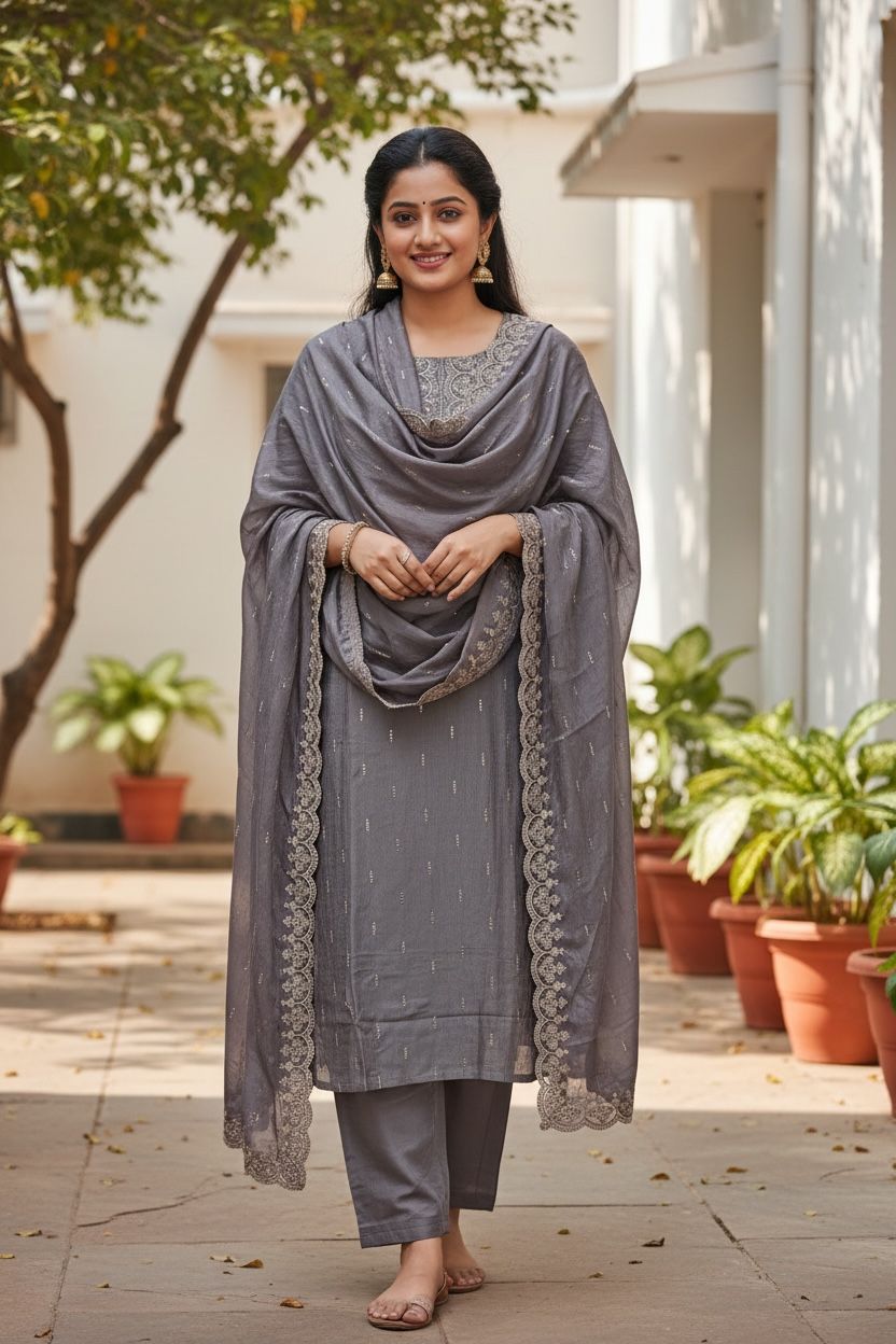 Vichitra Silk Embroidered And Sequenced Straight Kurta Set