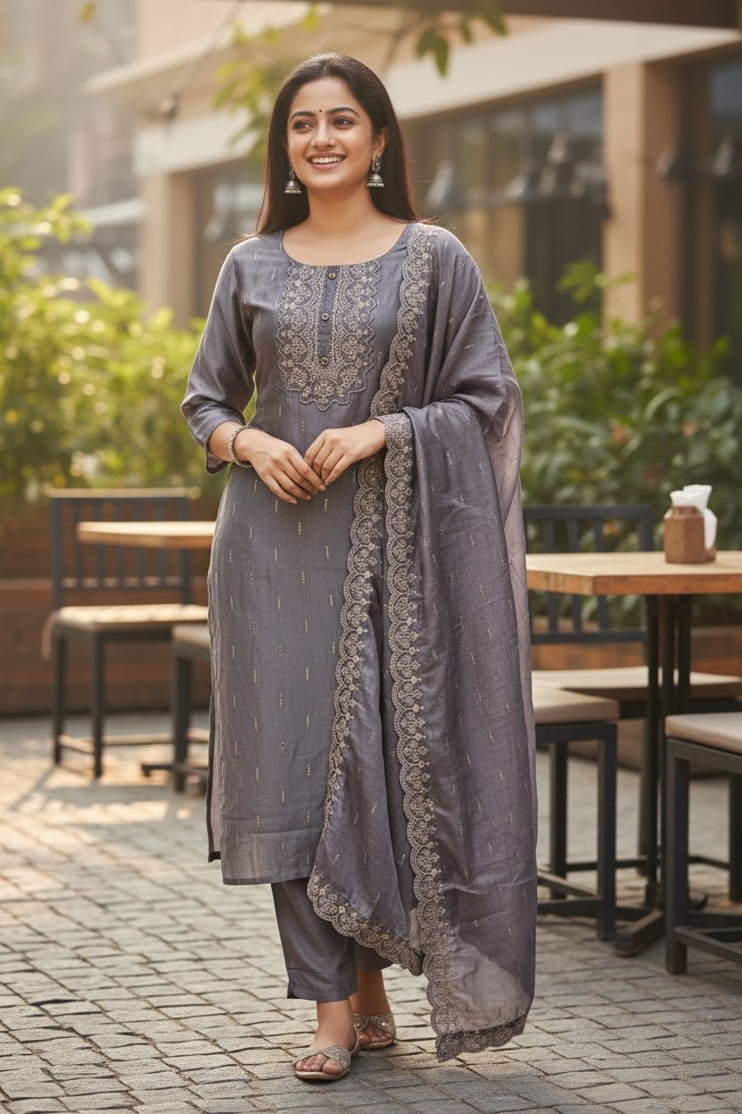 Vichitra Silk Embroidered And Sequenced Straight Kurta Set