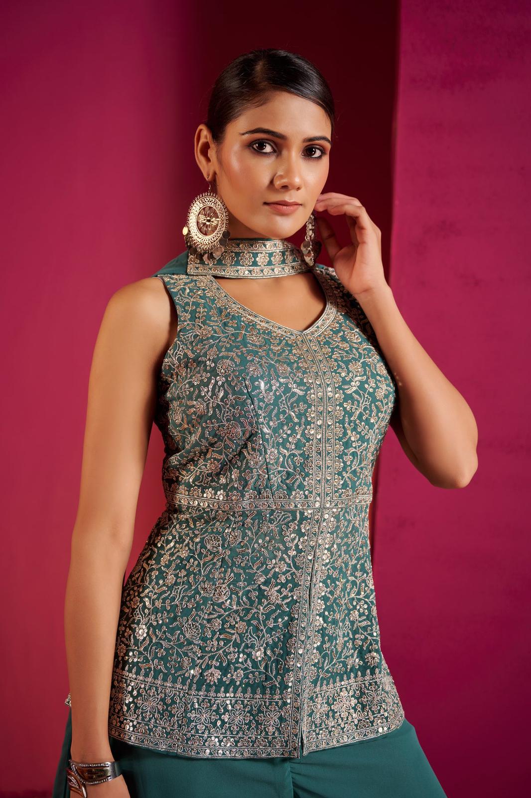 Teal Sharara Set with Silver Zari Embroidery – Modern Indian Elegance