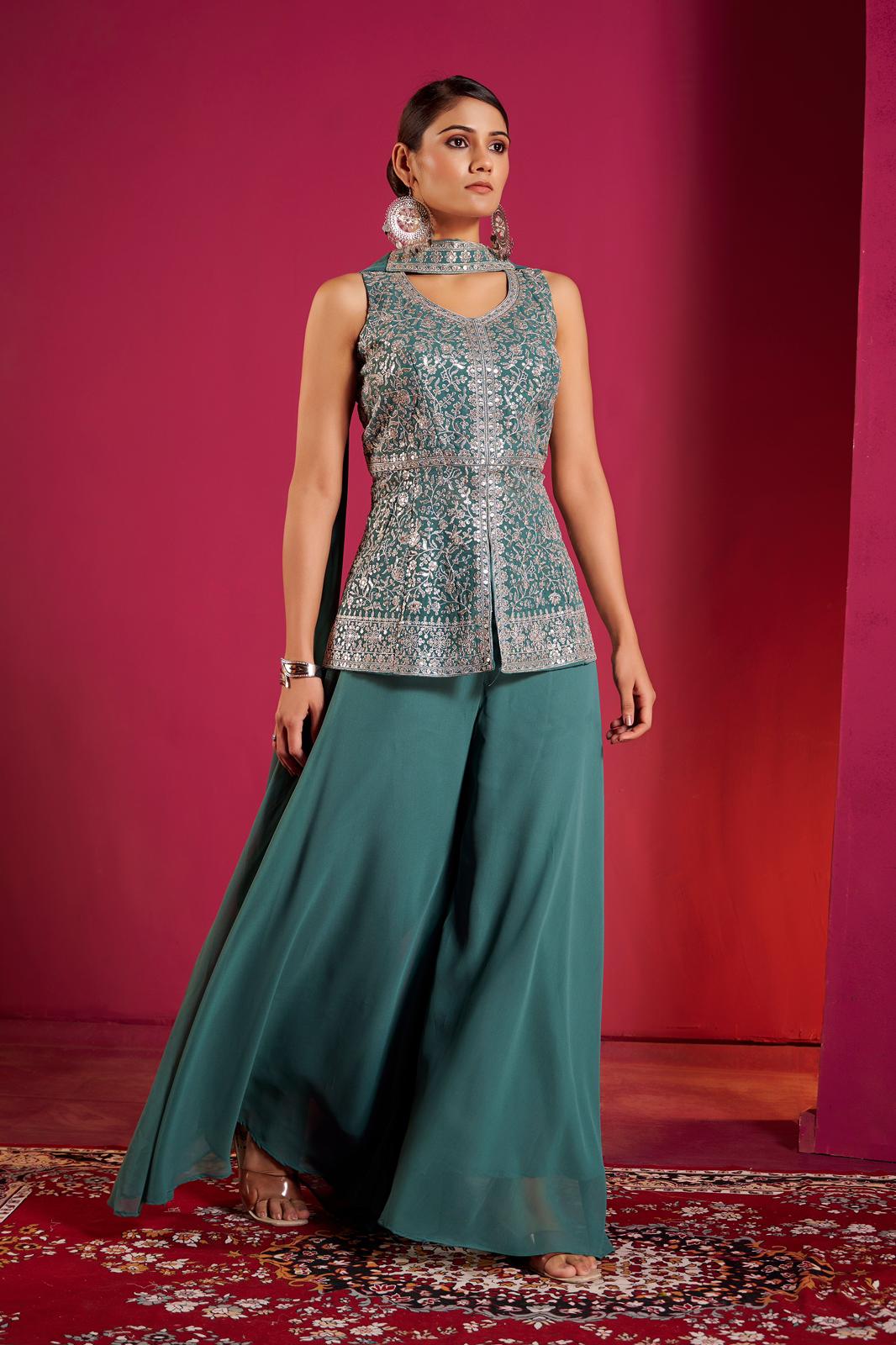 Teal Sharara Set with Silver Zari Embroidery – Modern Indian Elegance