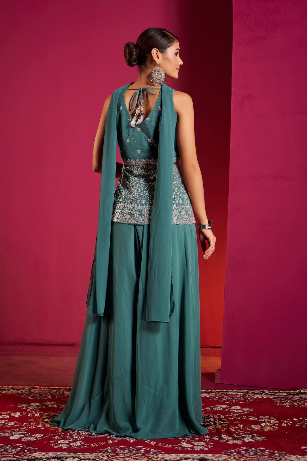 Teal Sharara Set with Silver Zari Embroidery – Modern Indian Elegance