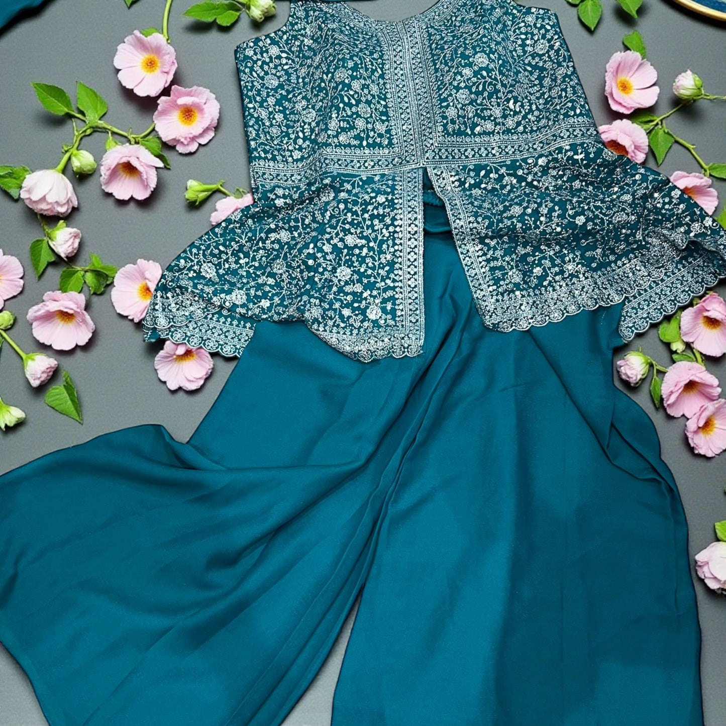 Teal Sharara Set with Silver Zari Embroidery – Modern Indian Elegance