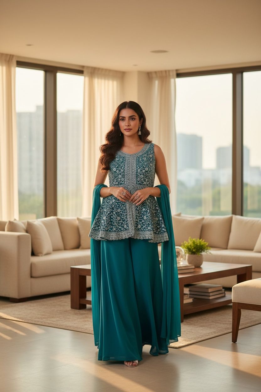 Teal Sharara Set with Silver Zari Embroidery – Modern Indian Elegance