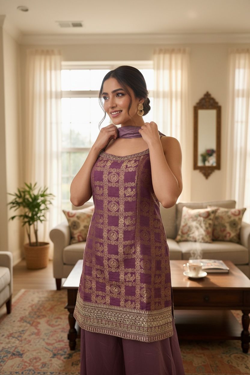 Silk Designer Sharara and Palazzo Suit with Embroidery & Choker Dupatta