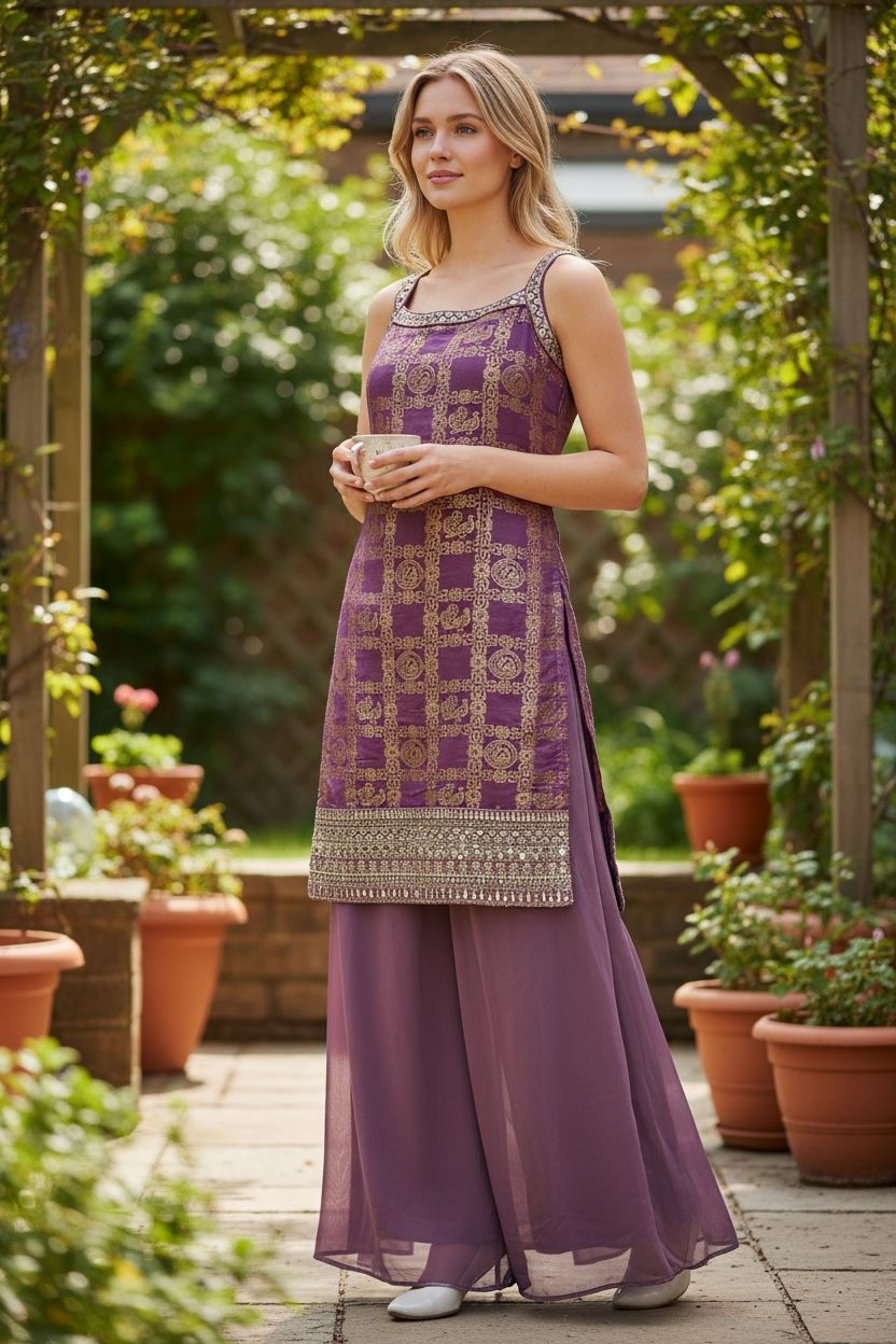 Silk Designer Sharara and Palazzo Suit with Embroidery & Choker Dupatta
