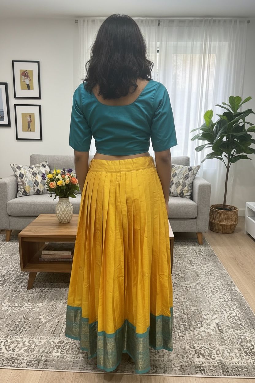 Festive Silk Dhavani Set with Contrast Border – Fully Stitched