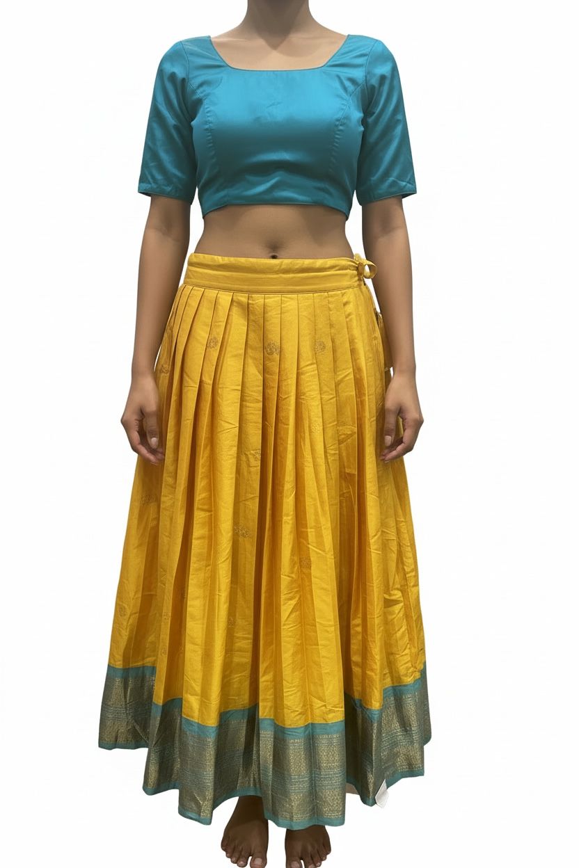 Festive Silk Dhavani Set with Contrast Border – Fully Stitched