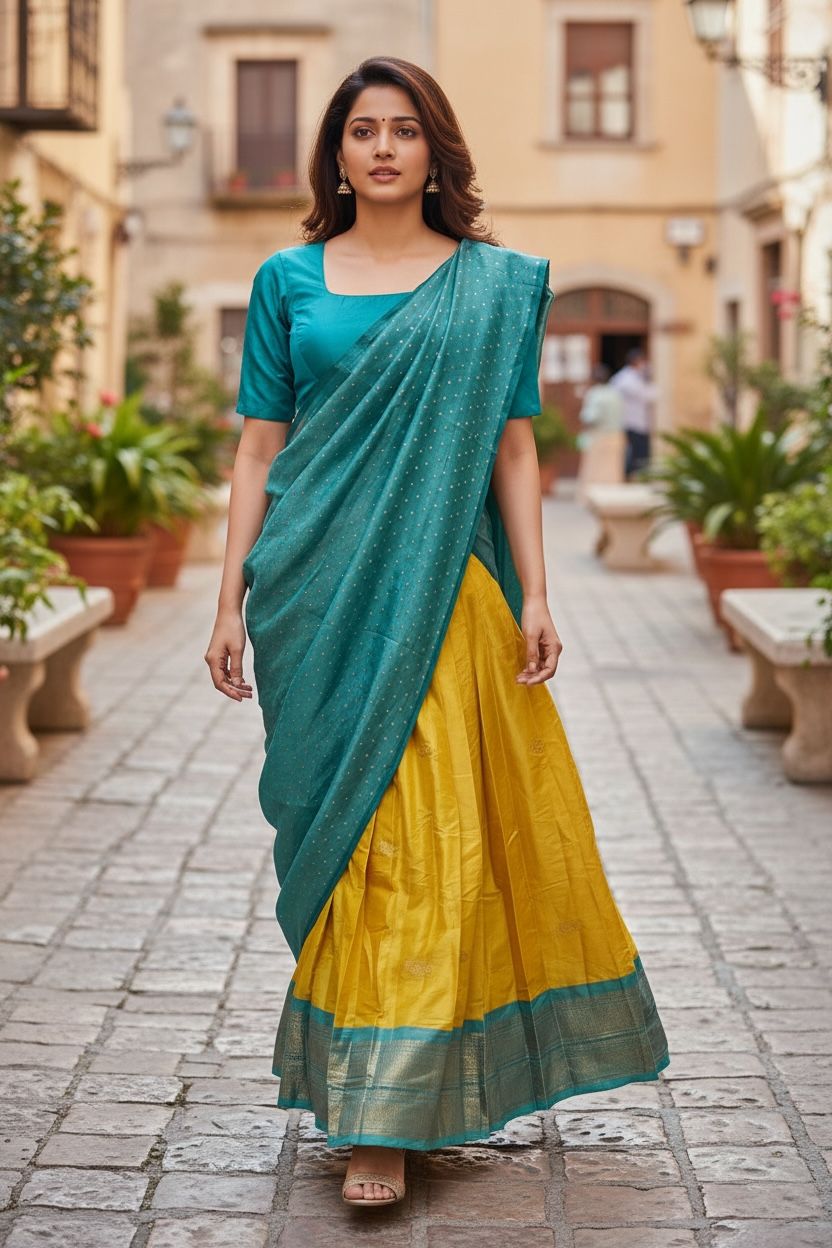 Festive Silk Dhavani Set with Contrast Border – Fully Stitched