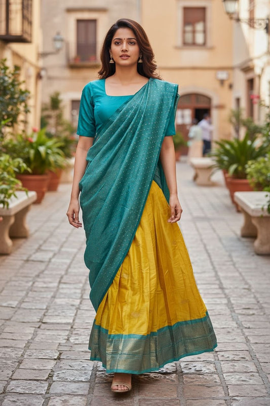 Festive Silk Dhavani Set with Contrast Border – Fully Stitched