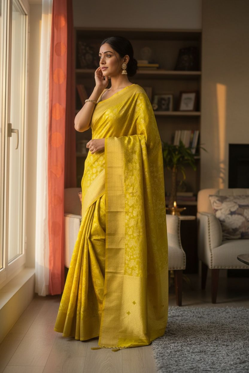 Gerogette Banarasi Mustard Yellow Saree with Unstitched Blouse Piece