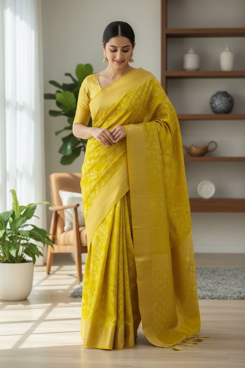 Gerogette Banarasi Mustard Yellow Saree with Unstitched Blouse Piece