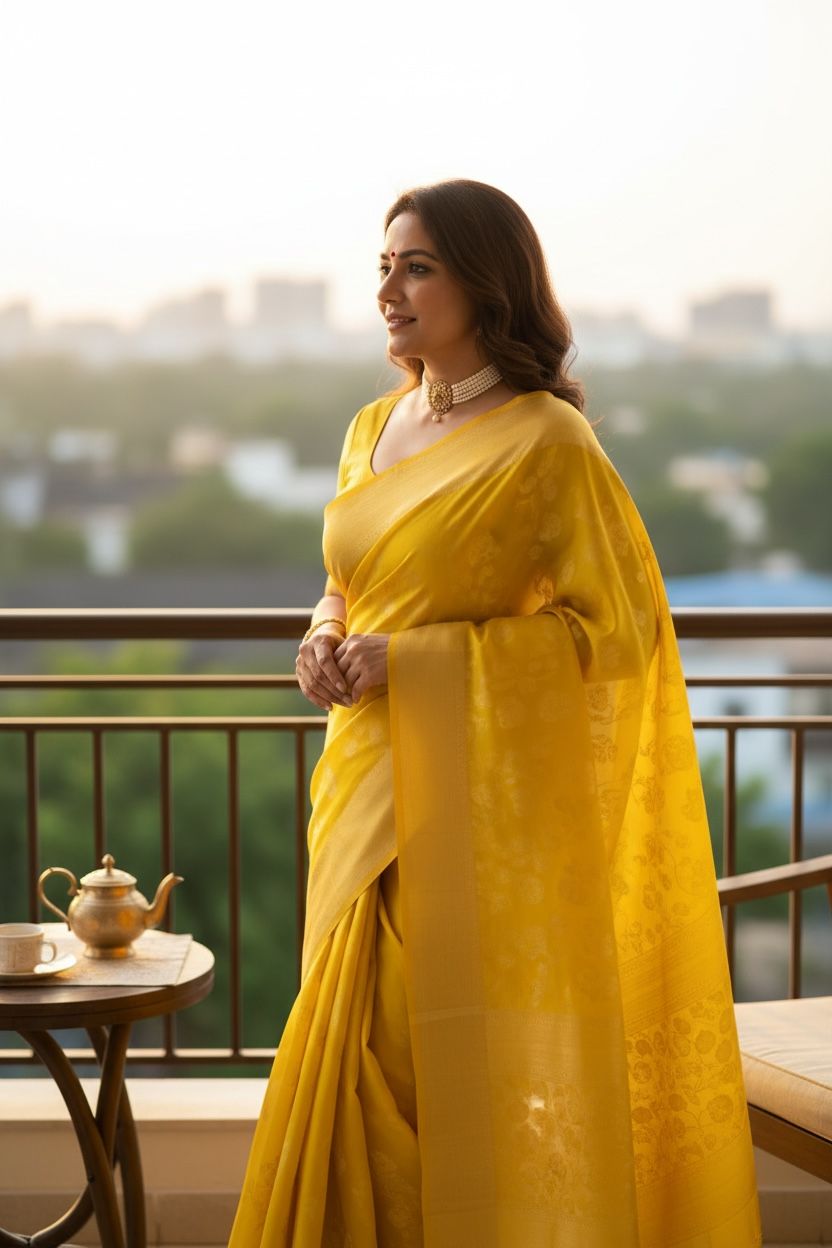 Gerogette Banarasi Mustard Yellow Saree with Unstitched Blouse Piece