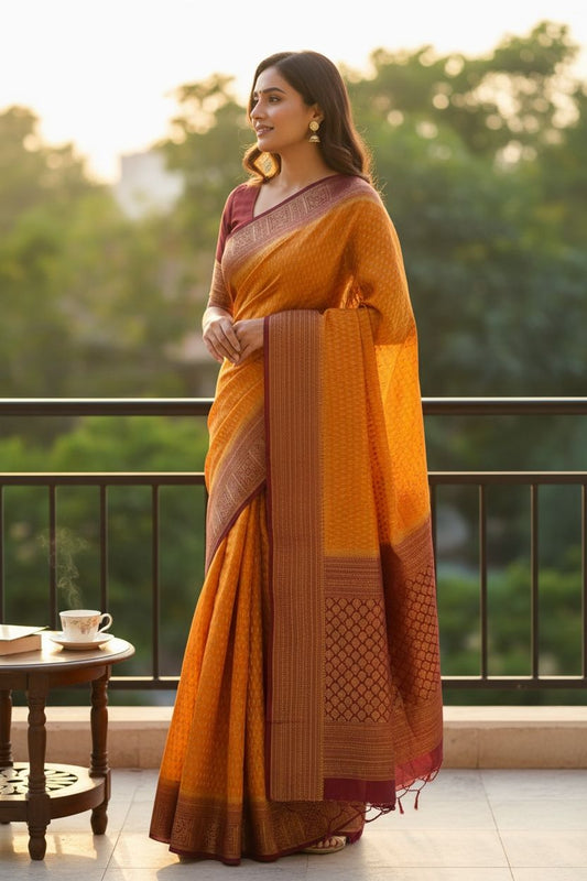 Semi Georgette Banarasi Saree with Border Detailing, Tassel Pallu & Unstitched Blouse