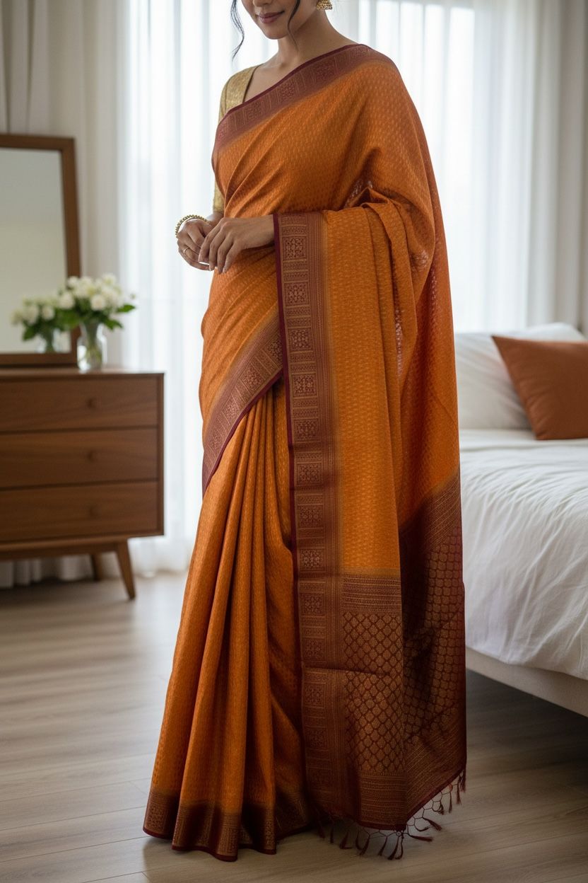 Semi Georgette Banarasi Saree with Border Detailing, Tassel Pallu & Unstitched Blouse
