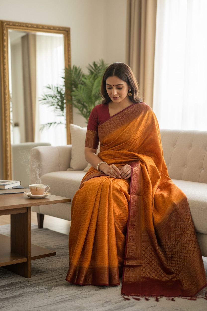 Semi Georgette Banarasi Saree with Border Detailing, Tassel Pallu & Unstitched Blouse