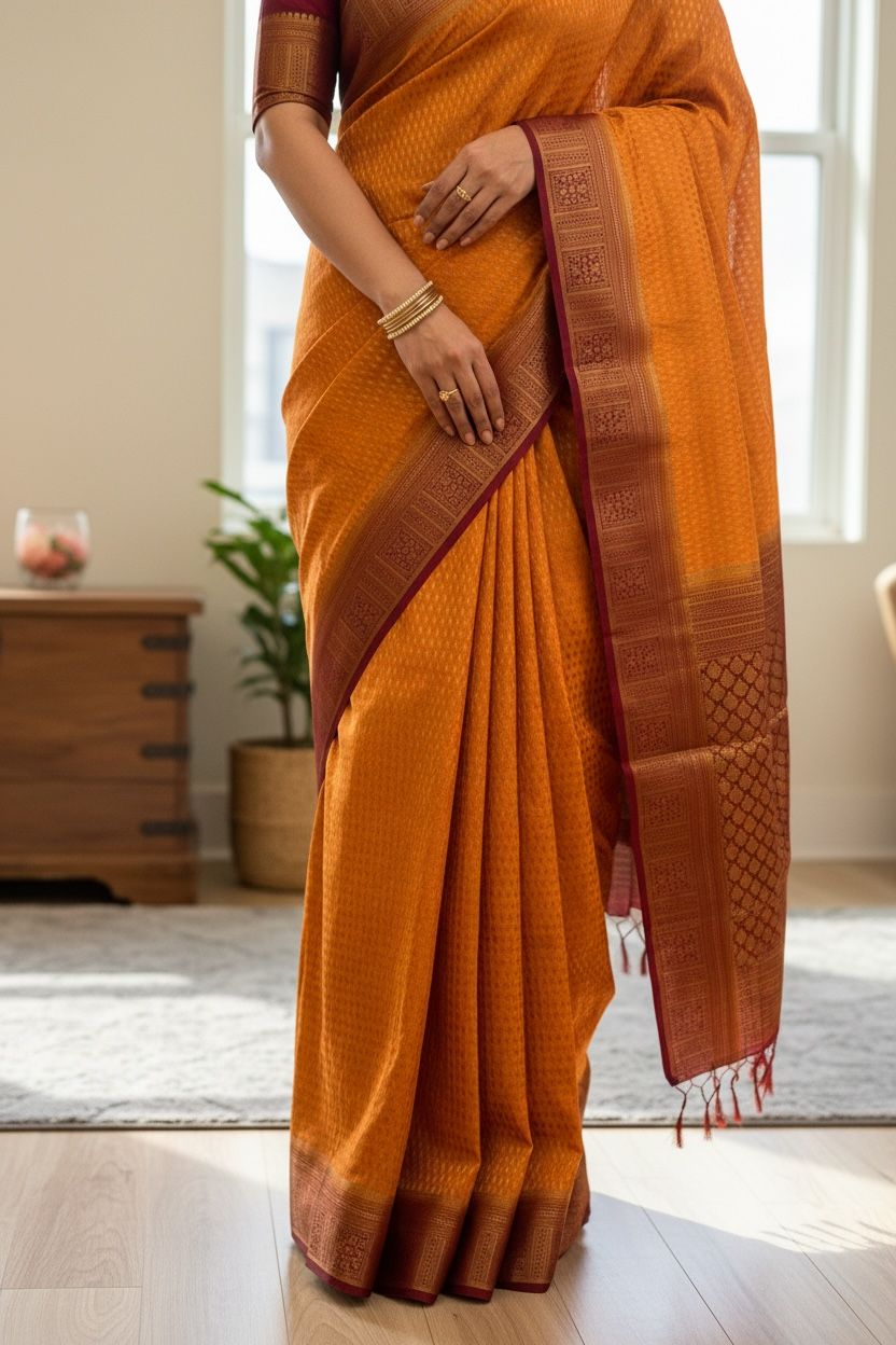 Semi Georgette Banarasi Saree with Border Detailing, Tassel Pallu & Unstitched Blouse