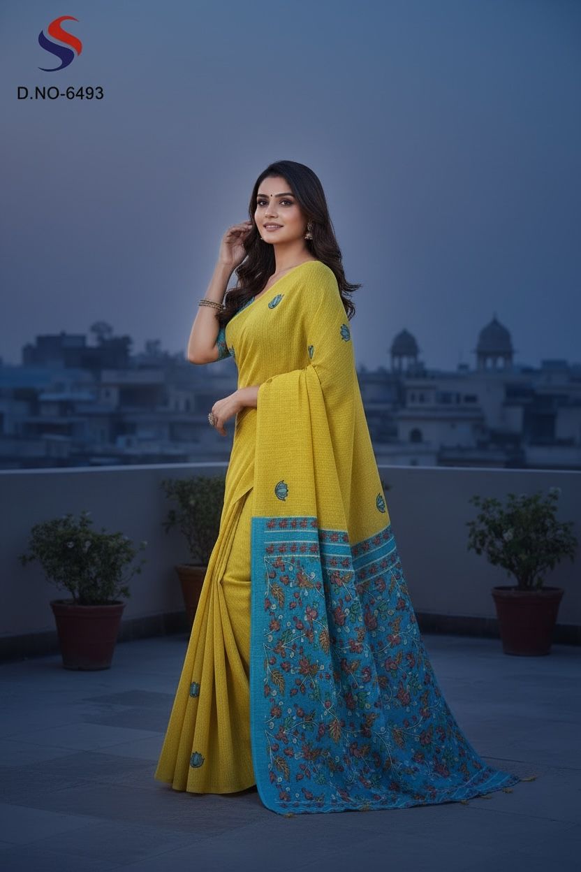 Women's Digital Print Cotton Linen Saree With Unstitched Blouse Piece