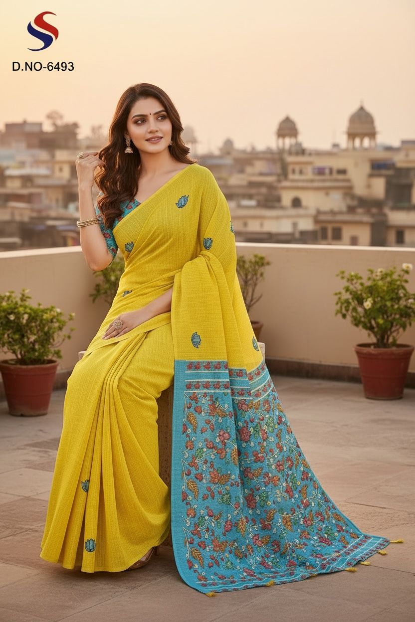 Women's Digital Print Cotton Linen Saree With Unstitched Blouse Piece