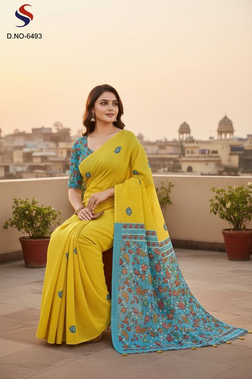 Women's Digital Print Cotton Linen Saree With Unstitched Blouse Piece