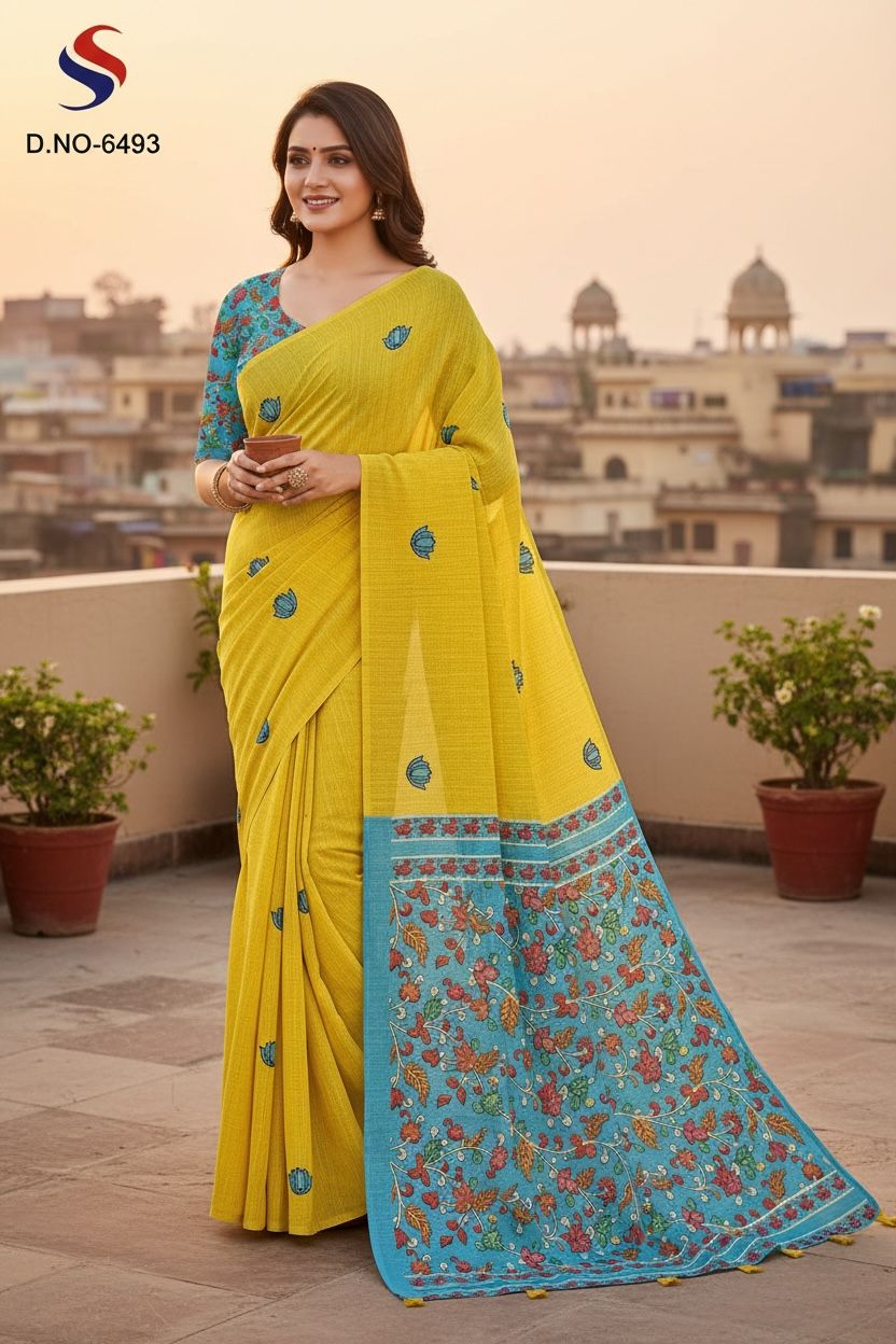 Women's Digital Print Cotton Linen Saree With Unstitched Blouse Piece