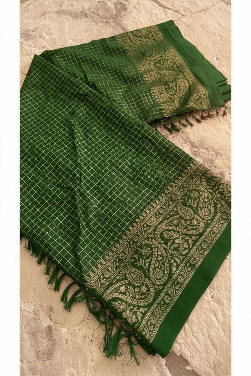 Vichitra Silk Checked Saree with Foil Print