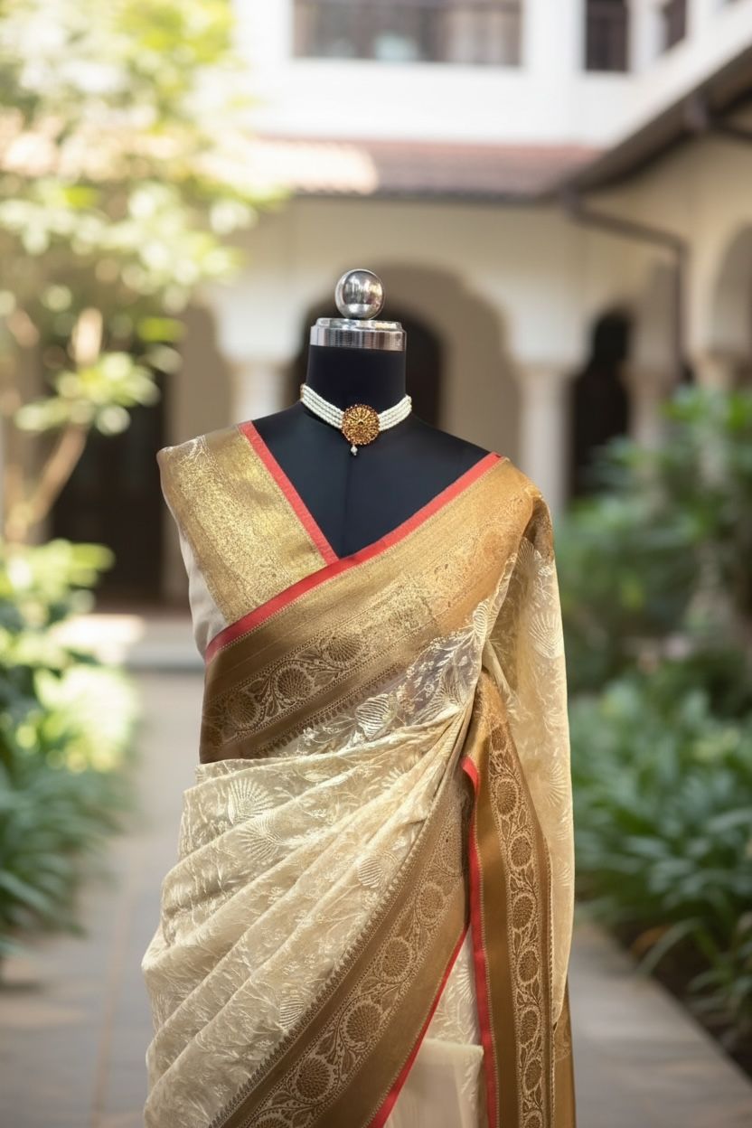 Kora Tissue natural beige Tussar saree with blouse piece